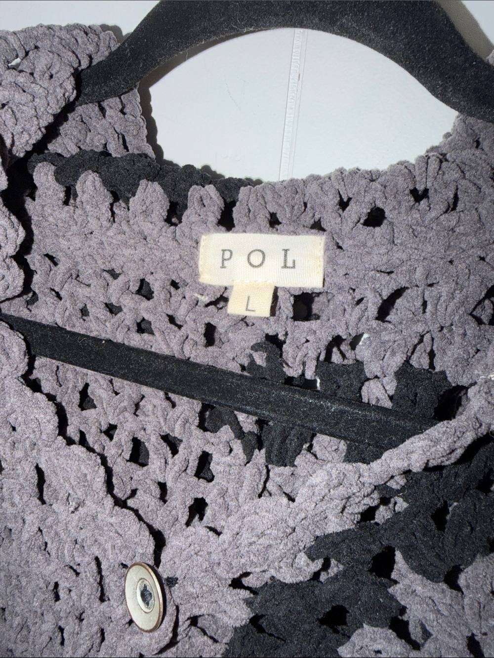 POL Charcoal Crochet Button‑Front Cardigan Sweater Knit Squares Size L - Picture 2 of 13